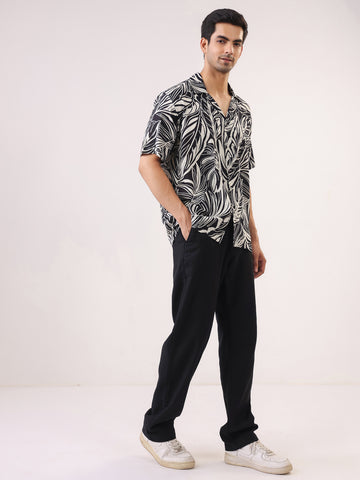 Black Cuban Collar Abstract Print Viscose Rayon Men's Shirt