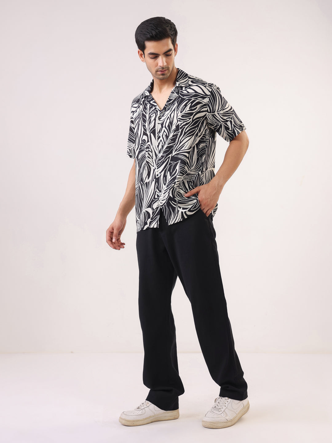 Black Cuban Collar Abstract Print Viscose Rayon Men's Shirt