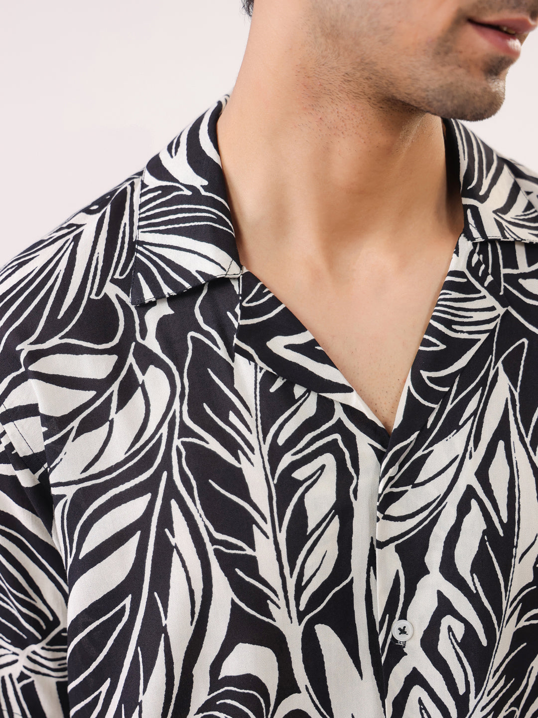 Black Cuban Collar Abstract Print Viscose Rayon Men's Shirt