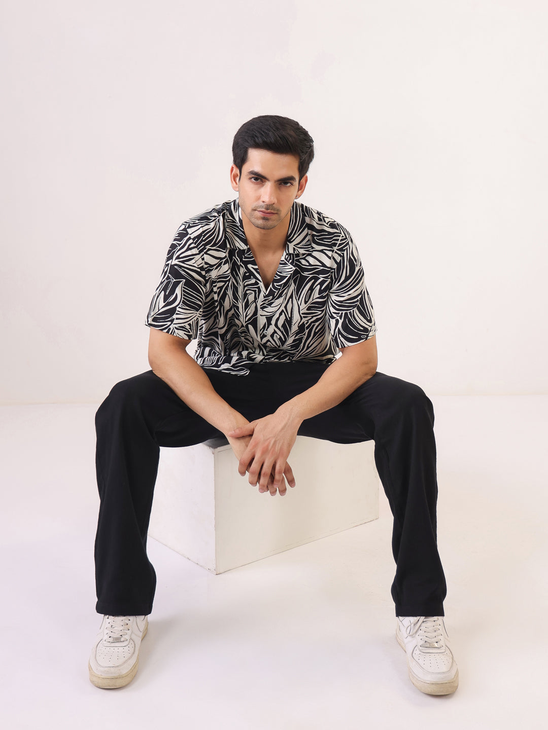 Black Cuban Collar Abstract Print Viscose Rayon Men's Shirt