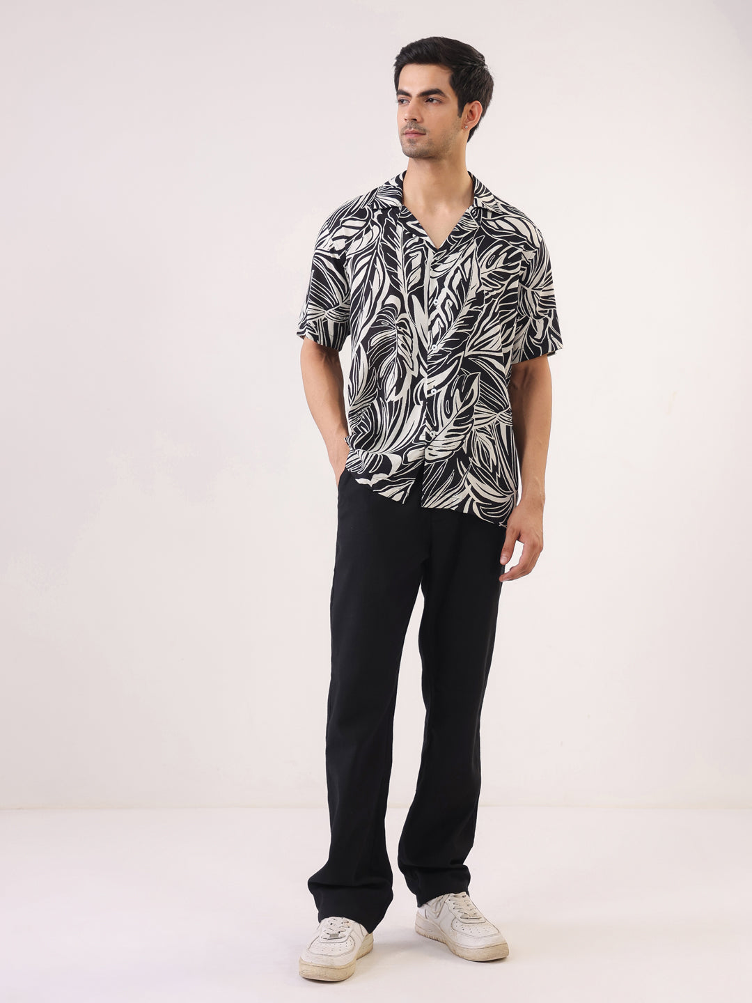 Black Cuban Collar Abstract Print Viscose Rayon Men's Shirt