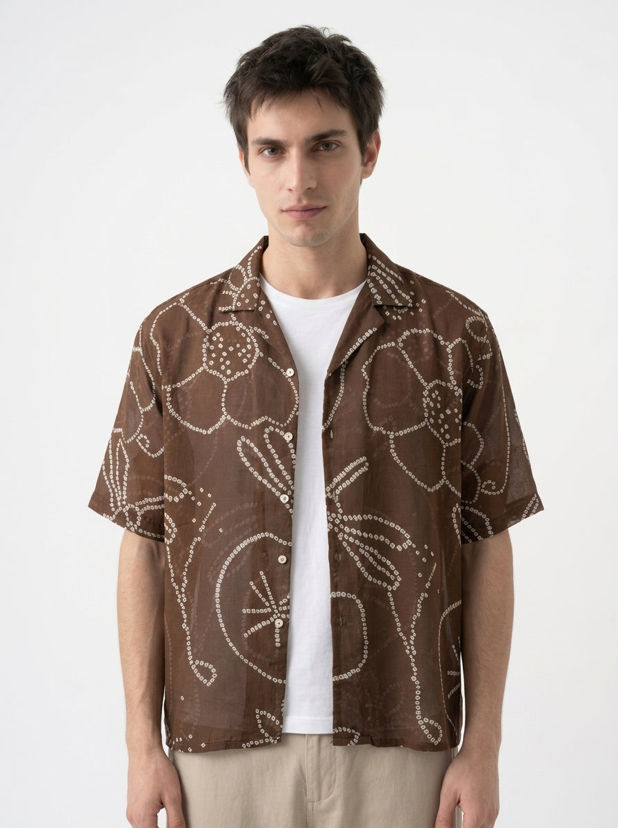 Brown Cuban Collar Short Sleeve Cotton Men's Shirt