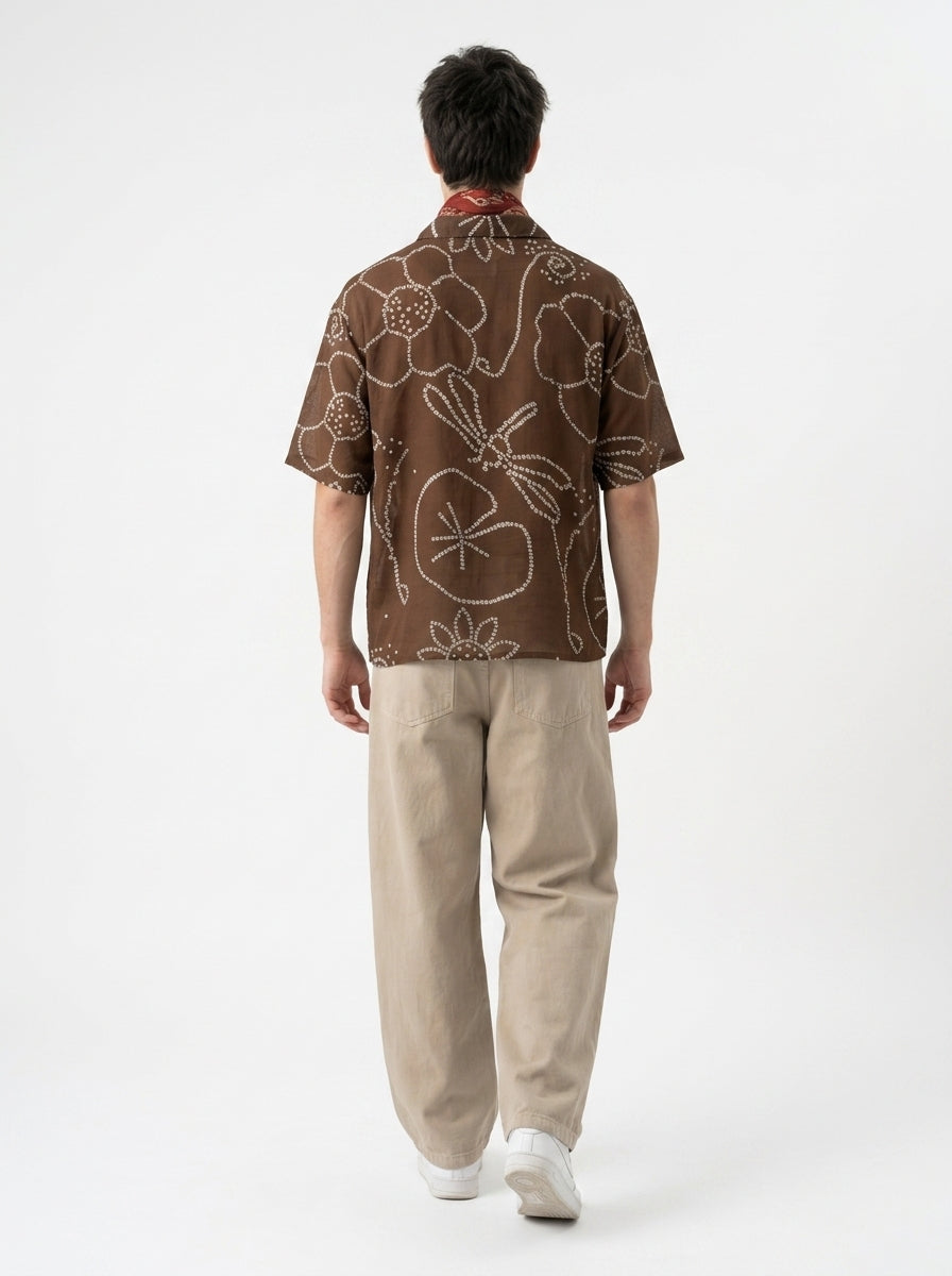 Brown Cuban Collar Short Sleeve Cotton Men's Shirt