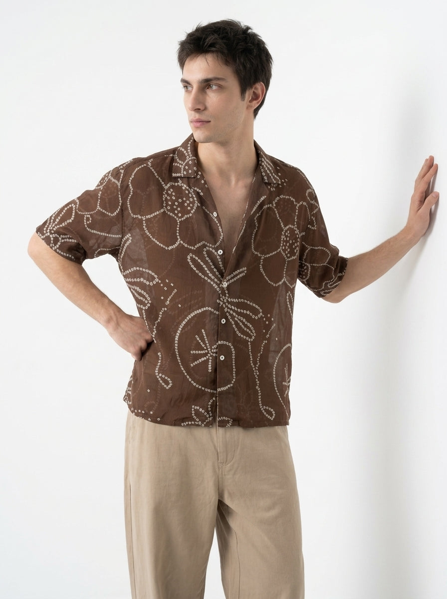 Brown Cuban Collar Short Sleeve Cotton Men's Shirt