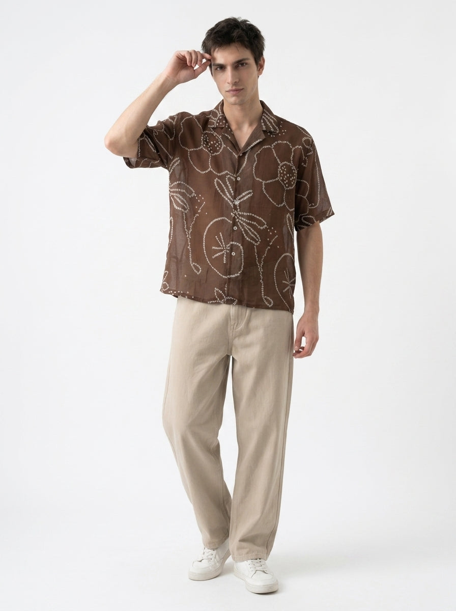 Brown Cuban Collar Short Sleeve Cotton Men's Shirt