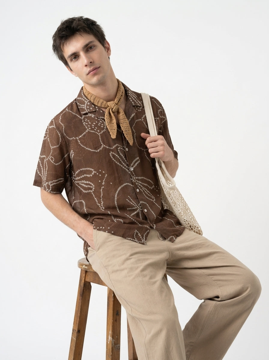 Brown Cuban Collar Short Sleeve Cotton Men's Shirt
