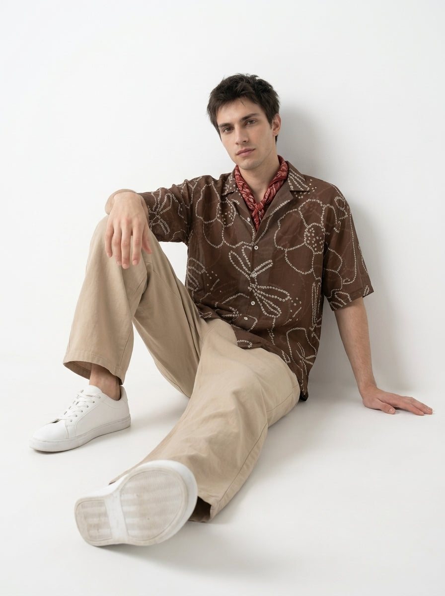 Brown Cuban Collar Short Sleeve Cotton Men's Shirt