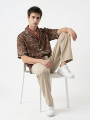 Brown Bandhani Print Cuban Collar Short Sleeve Cotton Men's Shirt