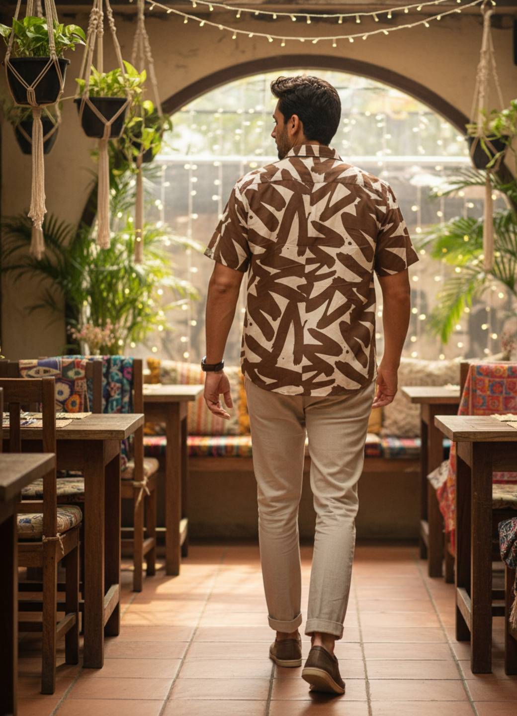 Brown Cuban Collar  Cotton Abstract Print Men's Shirt