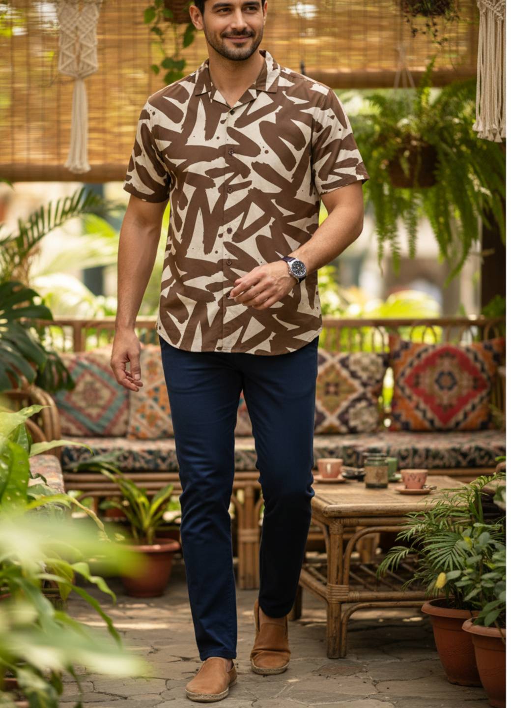 Brown Cuban Collar  Cotton Abstract Print Men's Shirt