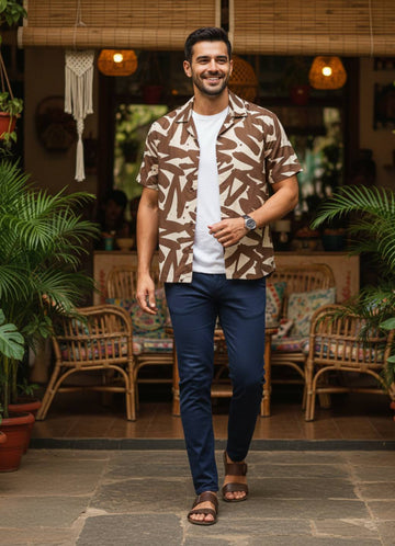 Brown Cuban Collar  Cotton Abstract Print Men's Shirt
