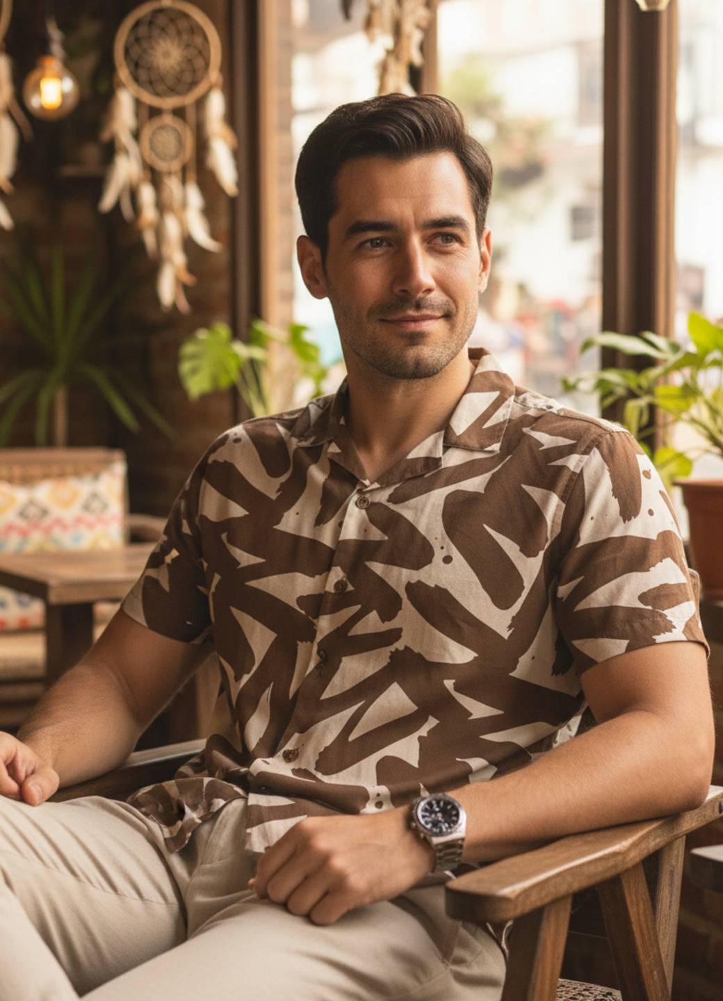Brown Cuban Collar  Cotton Abstract Print Men's Shirt