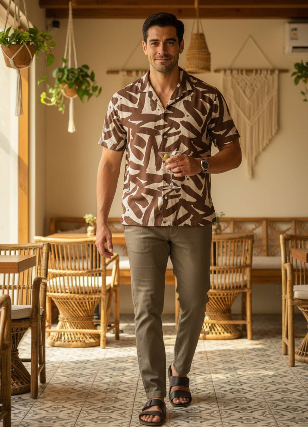 Brown Cuban Collar  Cotton Abstract Print Men's Shirt