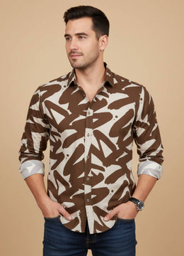 Brown Abstract Cuban Collar Cotton Men's Shirt