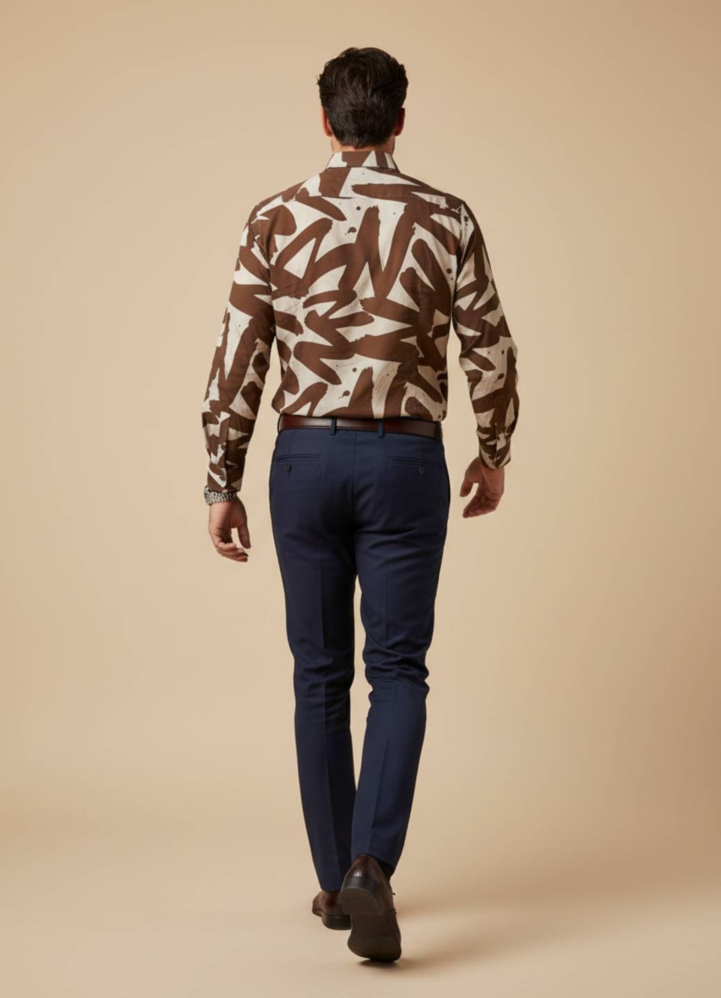 Brown Abstract Print Cuban Collar Cotton Men's Shirt