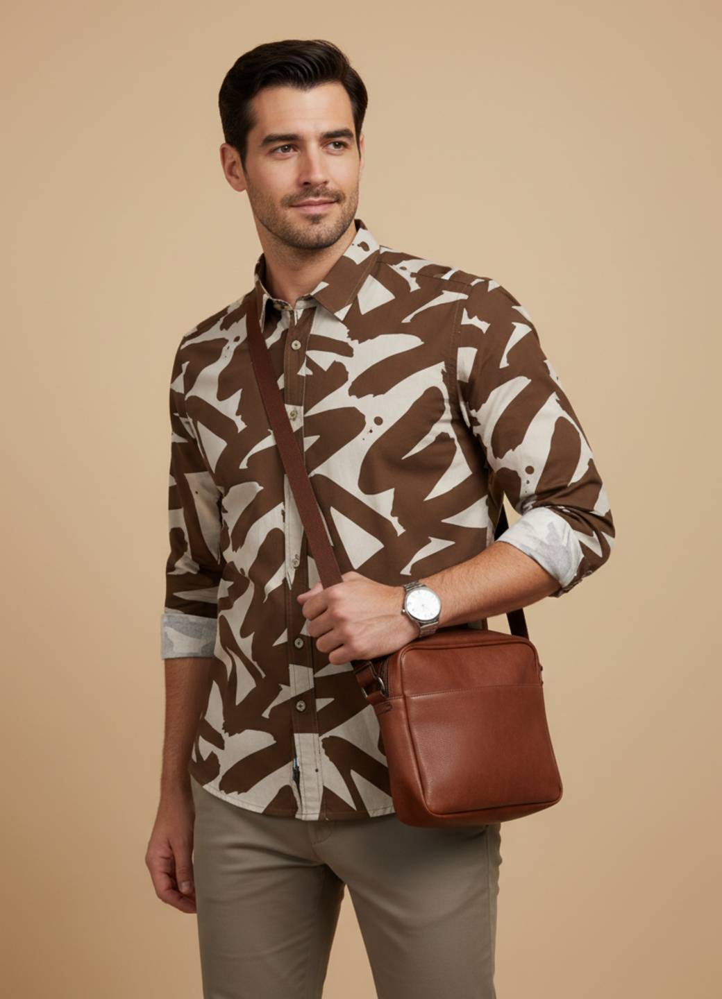 Brown Abstract Print Cuban Collar Cotton Men's Shirt