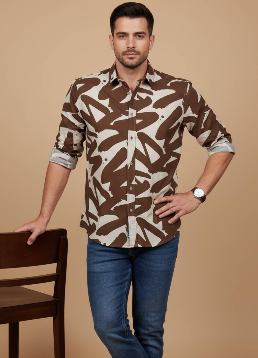 Brown Abstract Print Cuban Collar Cotton Men's Shirt