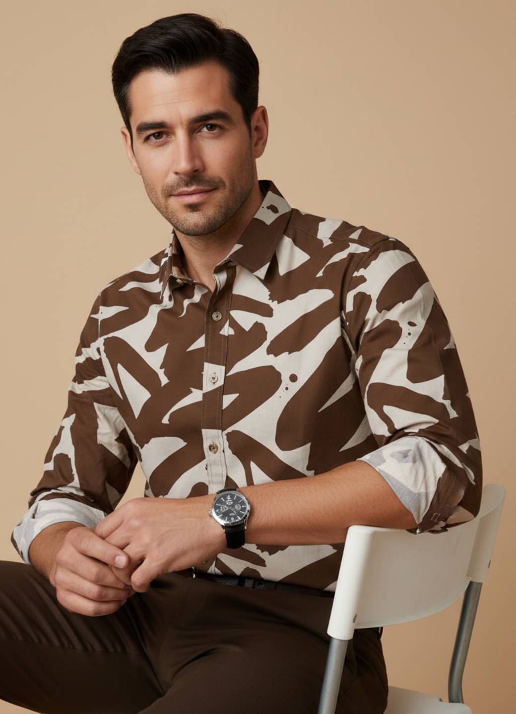 Brown Abstract Print Cuban Collar Cotton Men's Shirt
