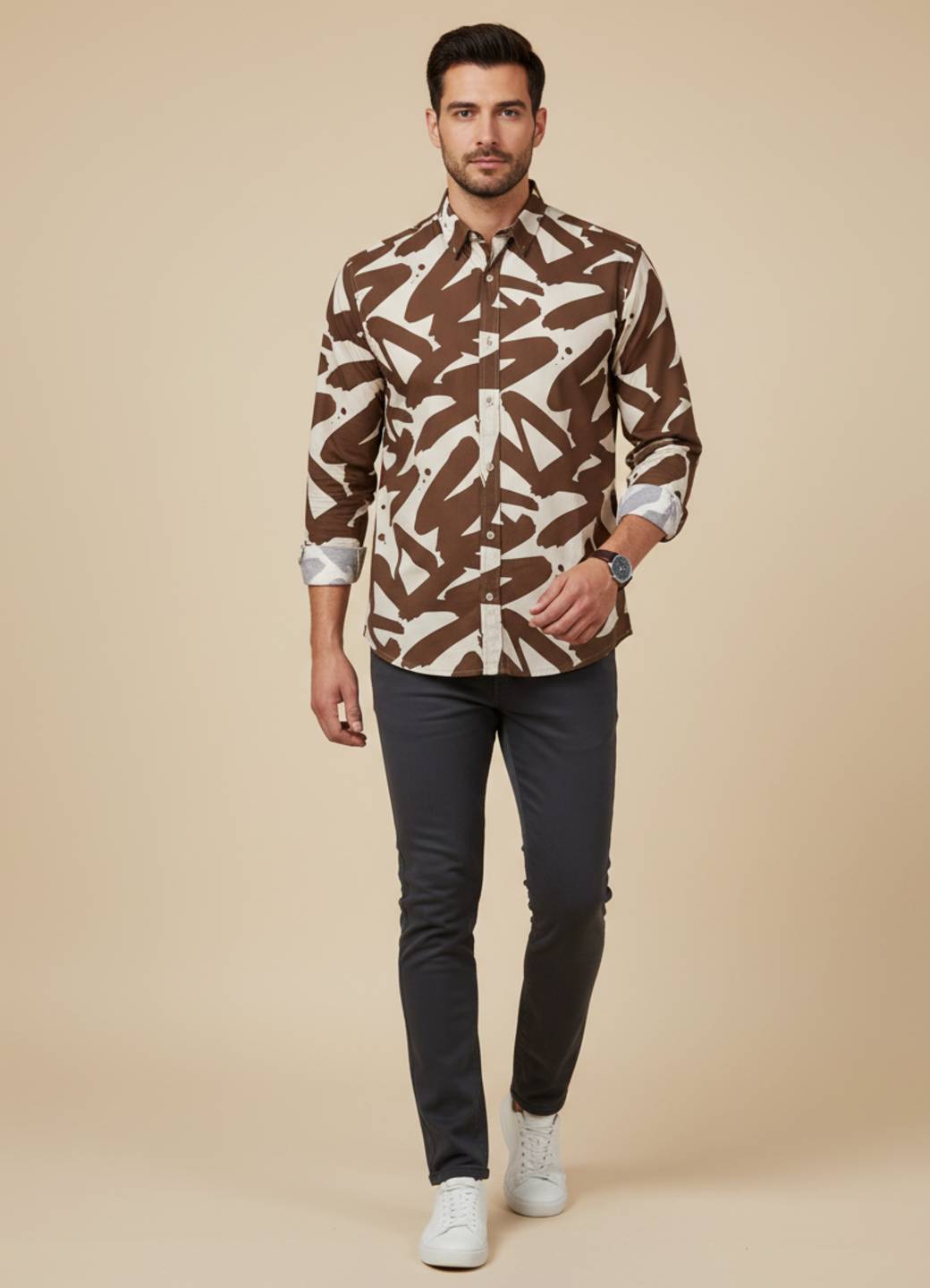 Brown Abstract Print Cuban Collar Cotton Men's Shirt