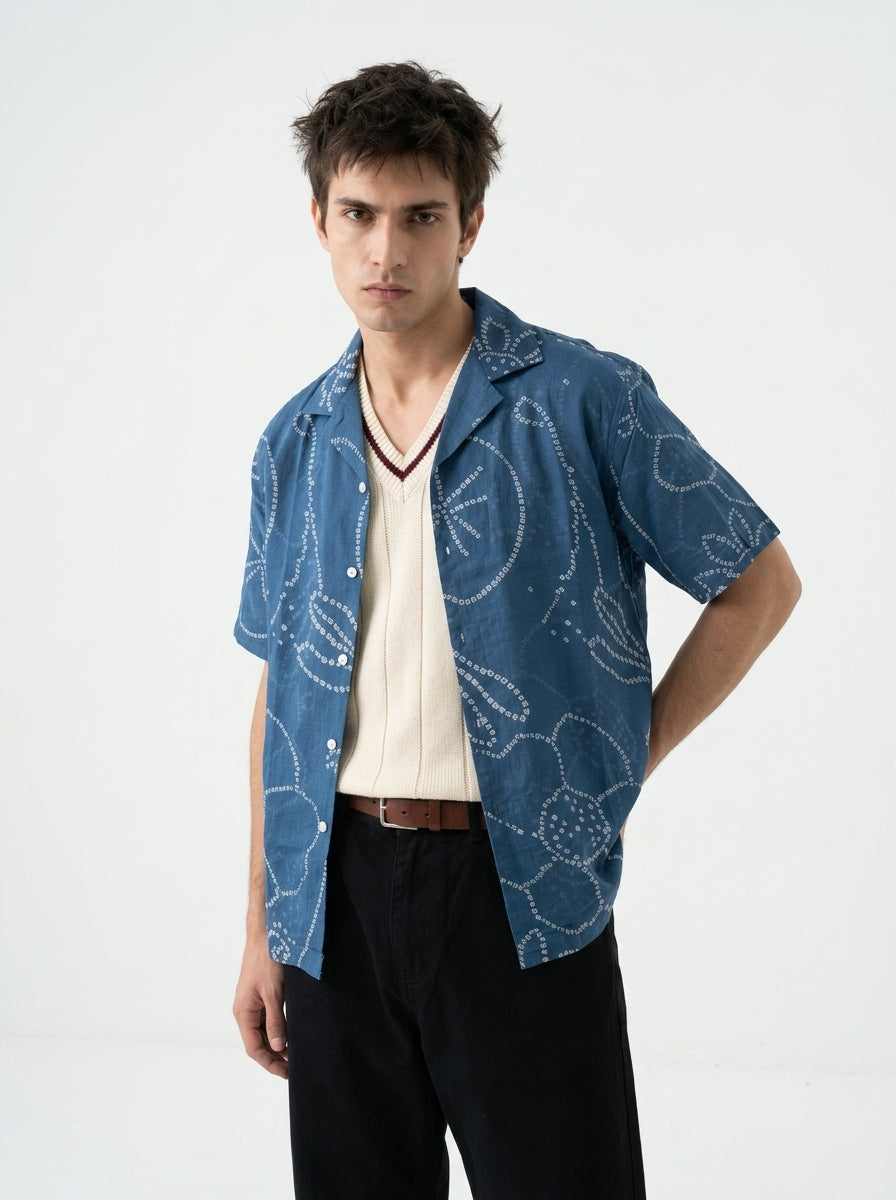 Blue Cuban Collar Bandhani Print Short Sleeve Cotton Men's Shirt