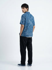 Blue Cuban Collar Bandhani Print Short Sleeve Cotton Men's Shirt