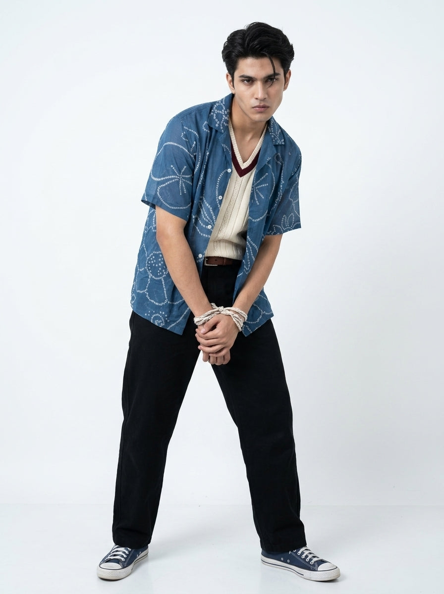 Blue Cuban Collar Short Sleeve Tie & Dye Cotton Men's Shirt