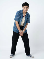 Blue Cuban Collar Bandhani Print Short Sleeve Cotton Men's Shirt