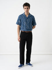 Blue Cuban Collar Bandhani Print Short Sleeve Cotton Men's Shirt