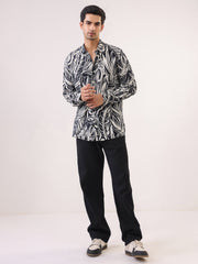 Black Band Collar Abstract Print Viscose Rayon Casual Men's Shirt