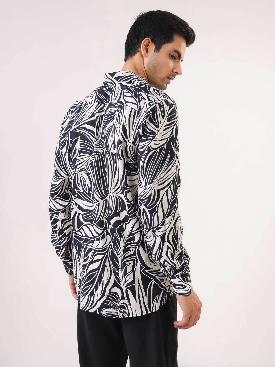 Black Band Collar Abstract Print Viscose Rayon Men's Shirt