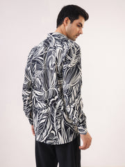 Black Band Collar Abstract Print Viscose Rayon Casual Men's Shirt