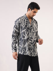 Black Band Collar Abstract Print Viscose Rayon Casual Men's Shirt