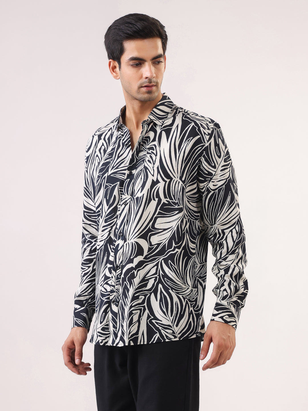 Black Band Collar Abstract Print Viscose Rayon Men's Shirt