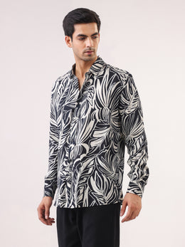Black Band Collar Abstract Print Viscose Rayon Casual Men's Shirt