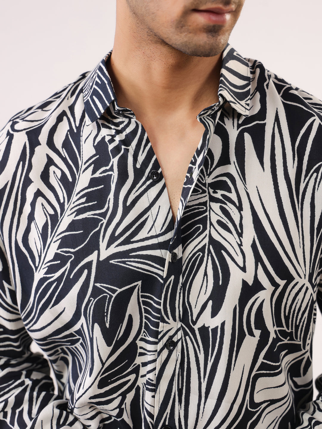 Black Band Collar Abstract Print Viscose Rayon Men's Shirt