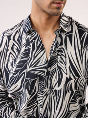 Black Band Collar Abstract Print Viscose Rayon Casual Men's Shirt