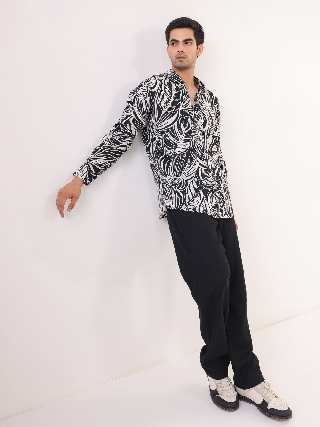 Black Band Collar Abstract Print Viscose Rayon Men's Shirt