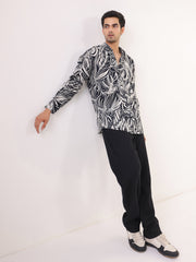 Black Band Collar Abstract Print Viscose Rayon Casual Men's Shirt