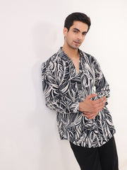 Black Band Collar Abstract Print Viscose Rayon Casual Men's Shirt