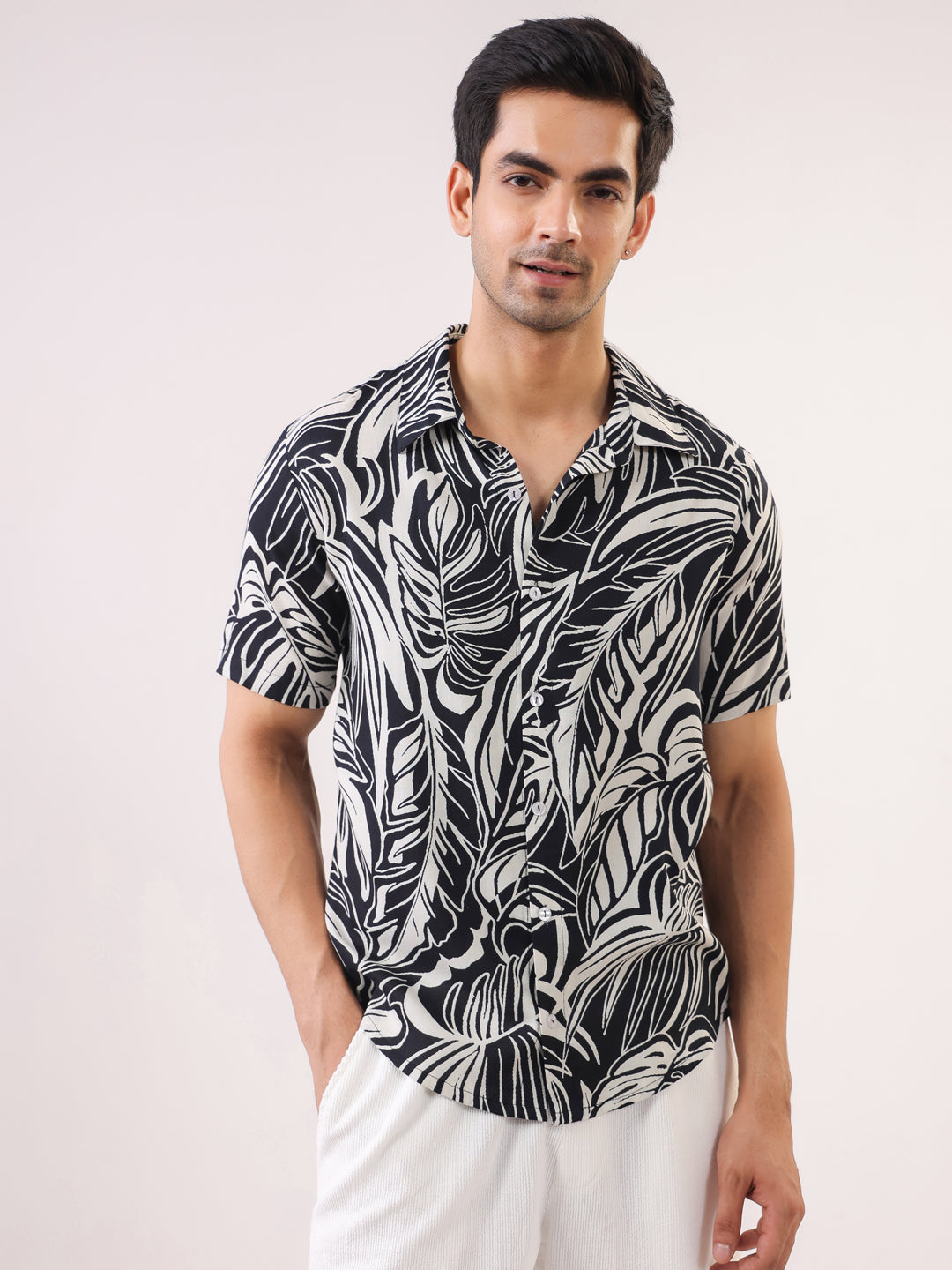 Black Abstract Print Band Collar Viscose Rayon Men's Shirt