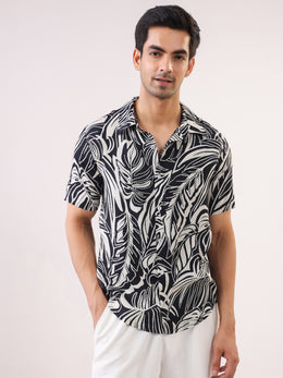Black Abstract Print Viscose Rayon Band Collar Casual Men's Shirt
