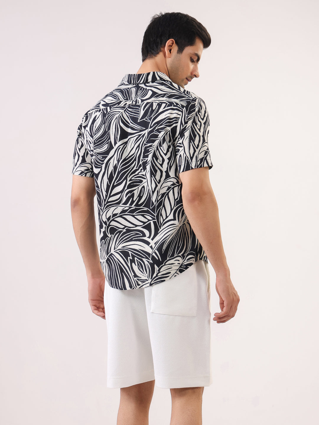 Black Abstract Print Band Collar Viscose Rayon Men's Shirt