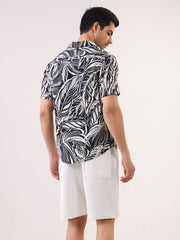 Black Abstract Print Viscose Rayon Band Collar Casual Men's Shirt