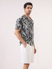Black Abstract Print Viscose Rayon Band Collar Casual Men's Shirt