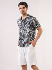 Black Abstract Print Viscose Rayon Band Collar Casual Men's Shirt