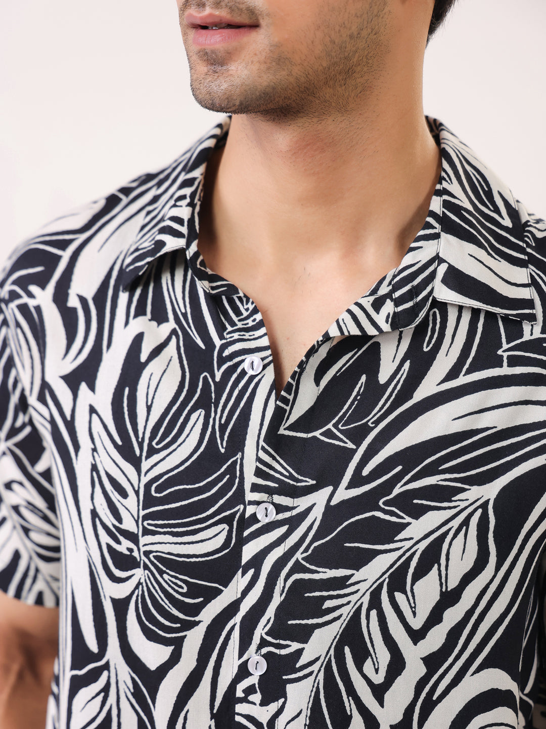 Black Abstract Print Band Collar Viscose Rayon Men's Shirt