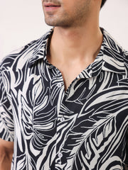 Black Abstract Print Viscose Rayon Band Collar Casual Men's Shirt