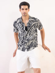 Black Abstract Print Viscose Rayon Band Collar Casual Men's Shirt