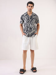 Black Abstract Print Viscose Rayon Band Collar Casual Men's Shirt