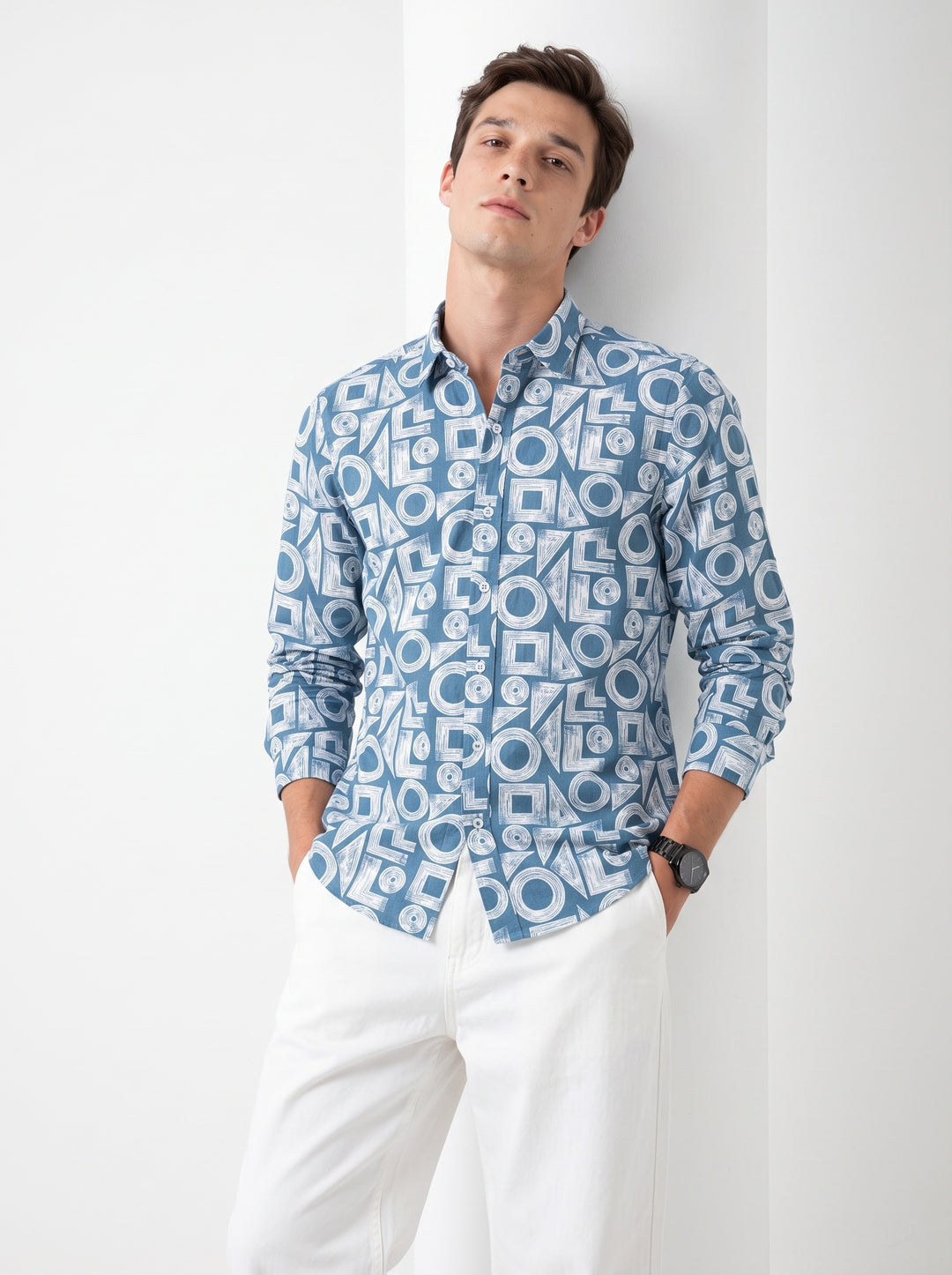 Blue & White Band Collar Geometric Print Cotton Casual Men's Shirt